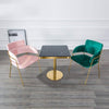 Square Marble Effect Dining Table with Gold Pedestal Base paired with pink and green chairs in modern dining space.