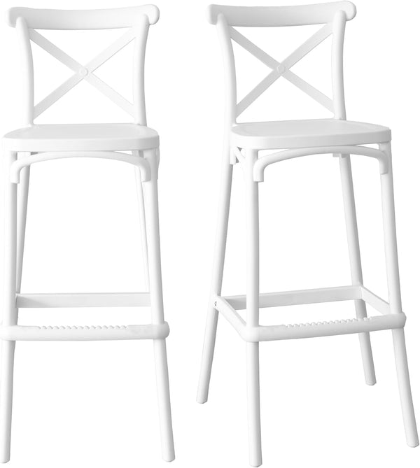Modern Vintage Plastic Bar Chair, white bar stools with cross-back design, perfect for counters and casual seating.