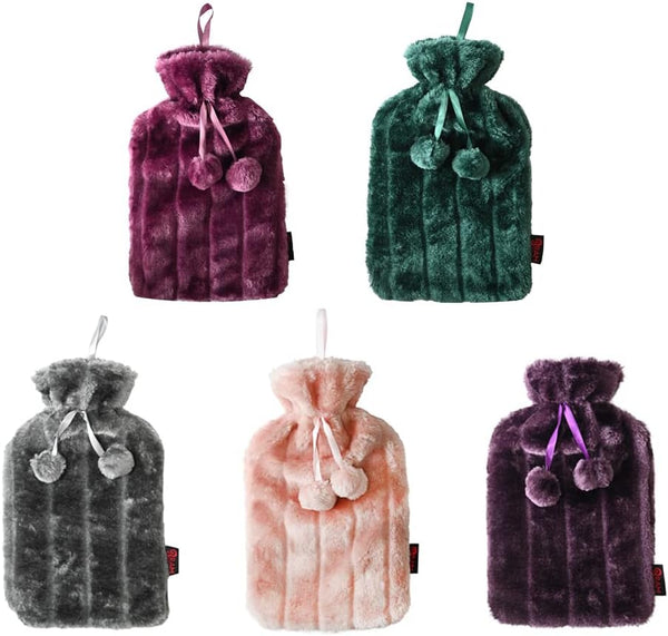 Insulated Hot Water Bottle with Soft Cover in various colors including purple, teal, gray, and pink.