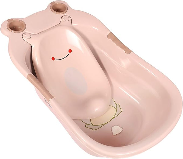 Baby Bath Tub Newborn Baby Thickened Large Tub in light pink frog design with smiling face for safe bathing.