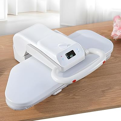 1200W Digital Steam Iron Press with Screen on wooden table showcasing its large pressing plate and digital display.