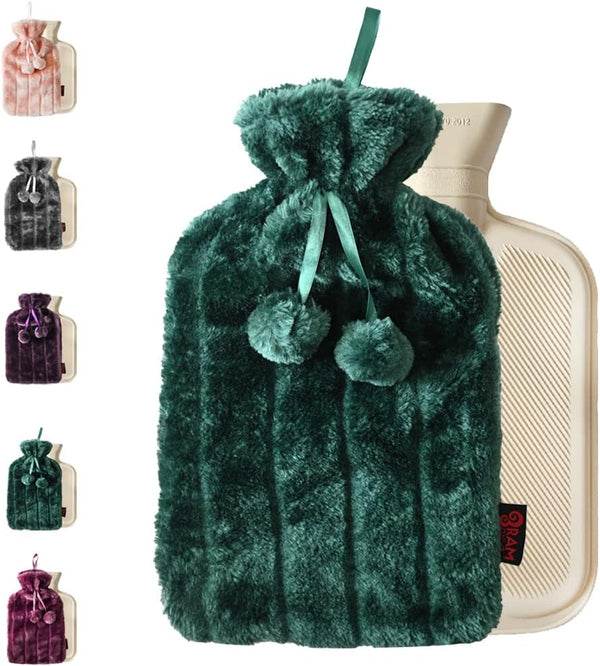 Insulated Hot Water Bottle with Soft Cover in green, featuring a cozy plush design for warmth and comfort.