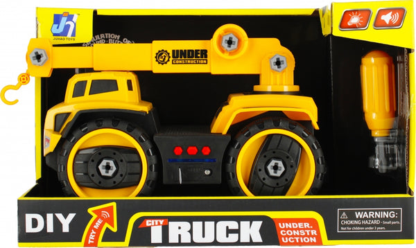 DIY Crane Truck with Light and Sound in vibrant yellow packaging, featuring tools and an interactive design for hands-on play.