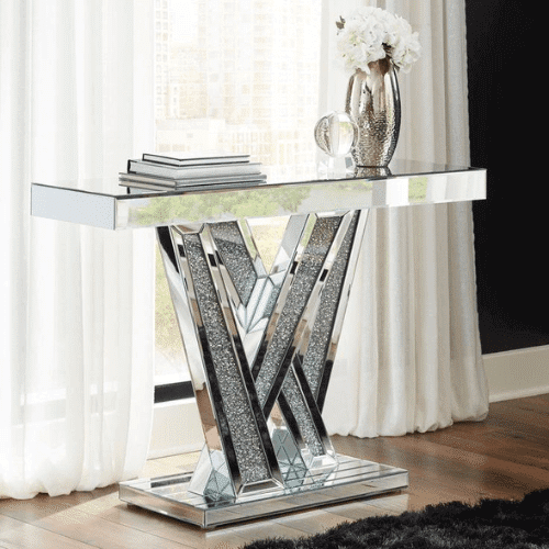 Elegant Silver Console & Mirror Set featuring a stylish reflective design, enhancing modern living spaces and entryways.