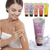 A woman applying Body Milk Body Lotion with various body milk tubes in the background, showcasing skincare benefits.