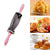 Croissant Cutter Roller Pin alongside various croissants on a plate, illustrating its use for perfect croissant shapes.