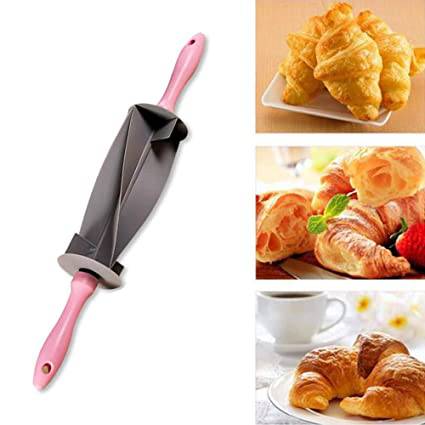 Croissant Cutter Roller Pin alongside various croissants on a plate, illustrating its use for perfect croissant shapes.
