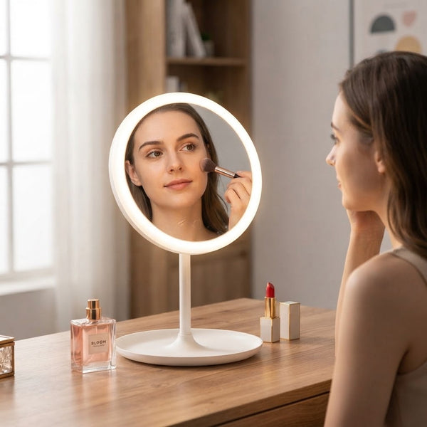 Woman applying makeup using the Glow Mate USB Rechargeable LED Vanity Mirror on a wooden desk.