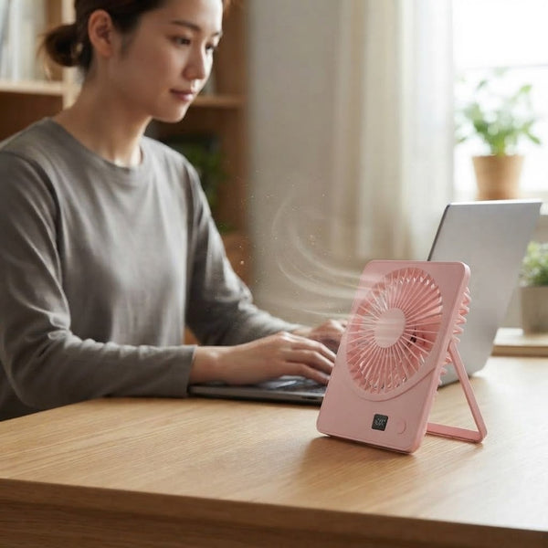 Woman using a Portable Rechargeable Desktop USB Fan while working on a laptop at a desk.