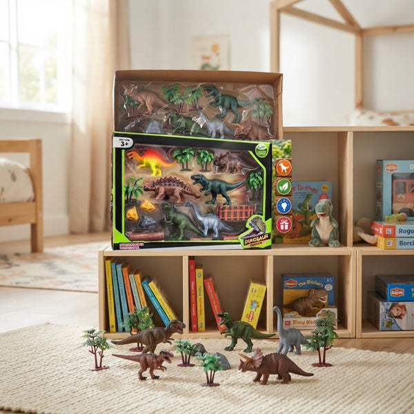 Dinosaur Adventure Playset Box displayed with dinosaur figures and terrain accessories in a playroom setting.