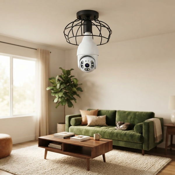 Wi-Fi Smart Bulb Security Camera installed in a stylish living room with green couch and wooden coffee table.