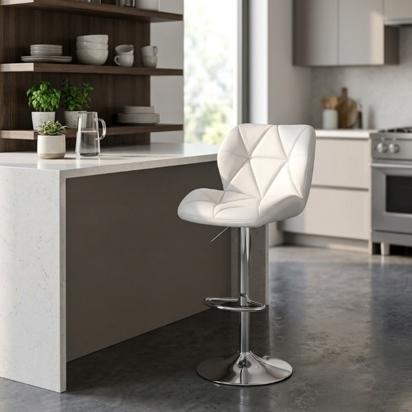 White Shell Bar Stool with Gas Lift and Chrome Base in a modern kitchen setting with a stylish design.