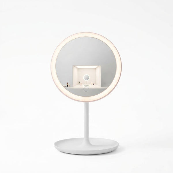 Glow Mate USB Rechargeable LED Vanity Mirror on a white background, showcasing its sleek design and illuminated reflection.
