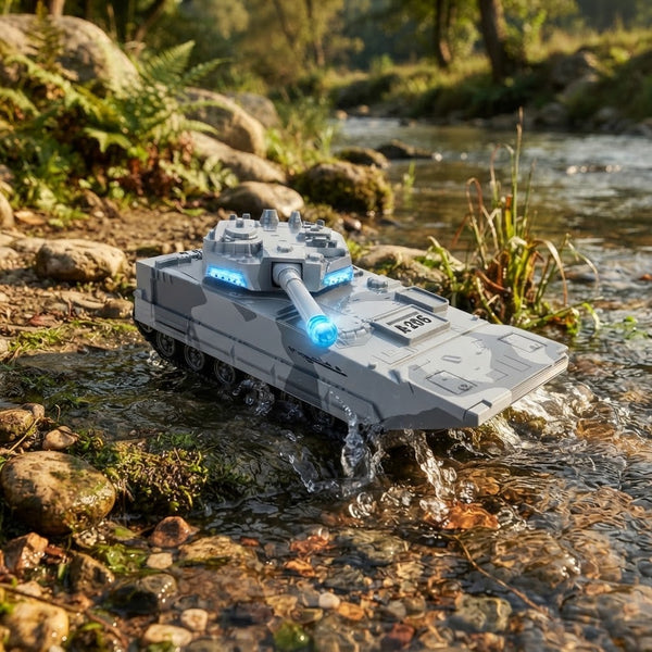 A-206 Amphibious Tank Toy displayed in a stream, showcasing its amphibious design and military-style features.