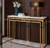 Luxury Faux Marble Gold Base Console Table displayed with decorative items in a stylish hallway setting.