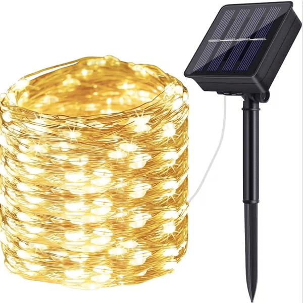 Solar-Powered LED String Lights 10M with solar panel and warm white lights for outdoor decoration.