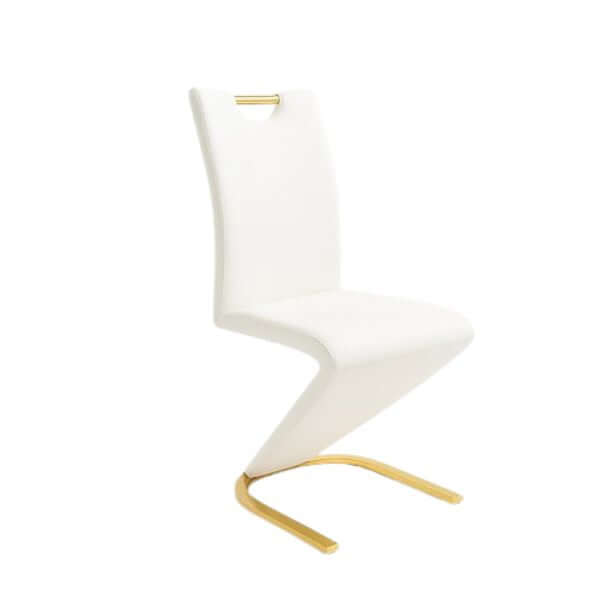 Stylish white dining chair with gold base, perfect for modern dining room decor.