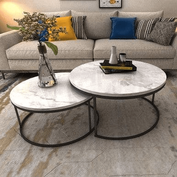 Space-Saving Coffee Table Set – Compact Nesting Tables arranged stylishly in a modern living room setting.