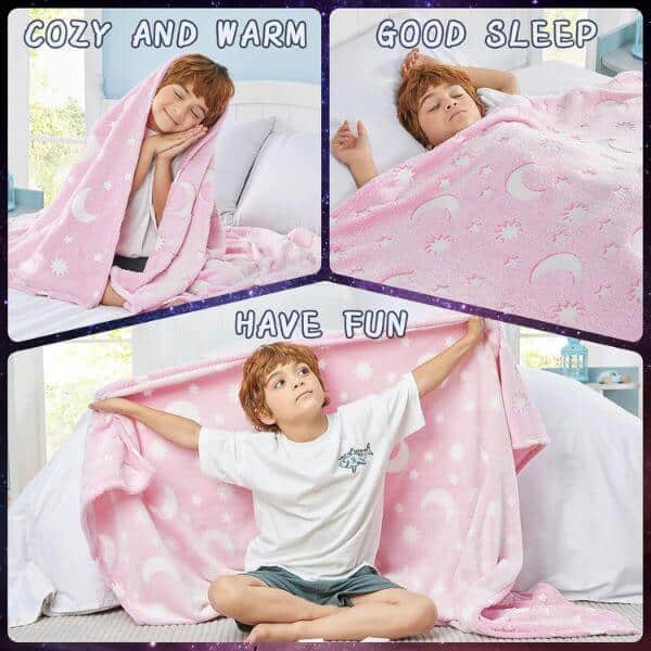 Perfect Dealz Glow in The Dark Soft Star Moon Pink Blanket