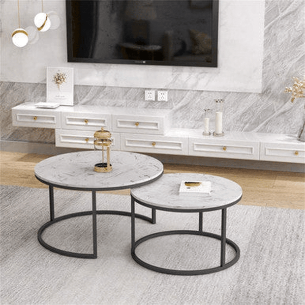 Space-Saving Coffee Table Set featuring compact nesting tables in a stylish living room setting.