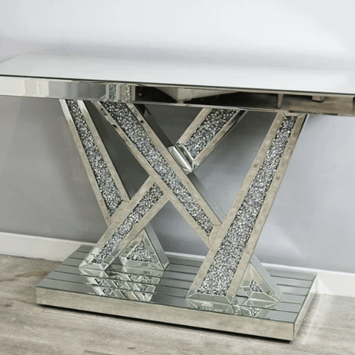 Elegant Silver Console & Mirror Set featuring a modern design with reflective surfaces and crystal accents.