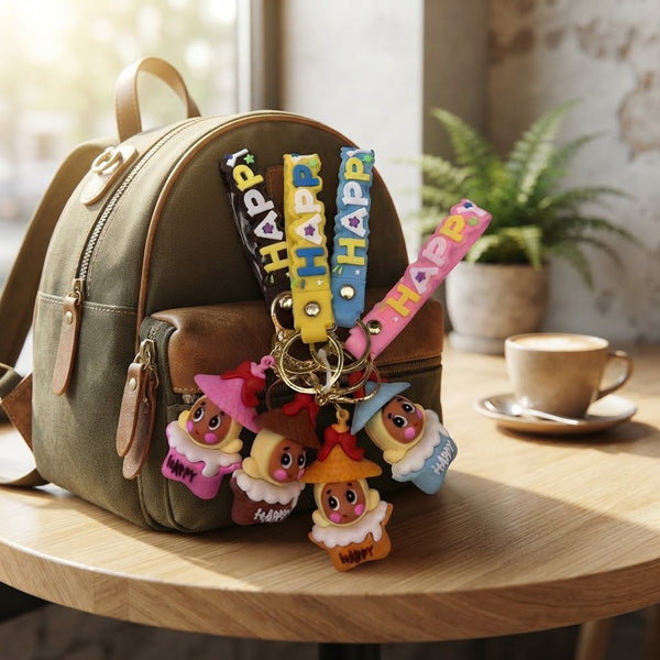 Cartoon Star Cookie Keychain and colorful novelty keychains on a stylish backpack.