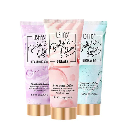 Collagen Fragrance Body Lotion and other body lotion variants in colorful tubes on a white background.