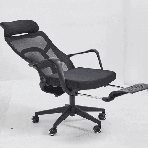 Ergo Mesh Office Chair with Headrest featuring an ergonomic design and reclining footrest for optimal comfort.