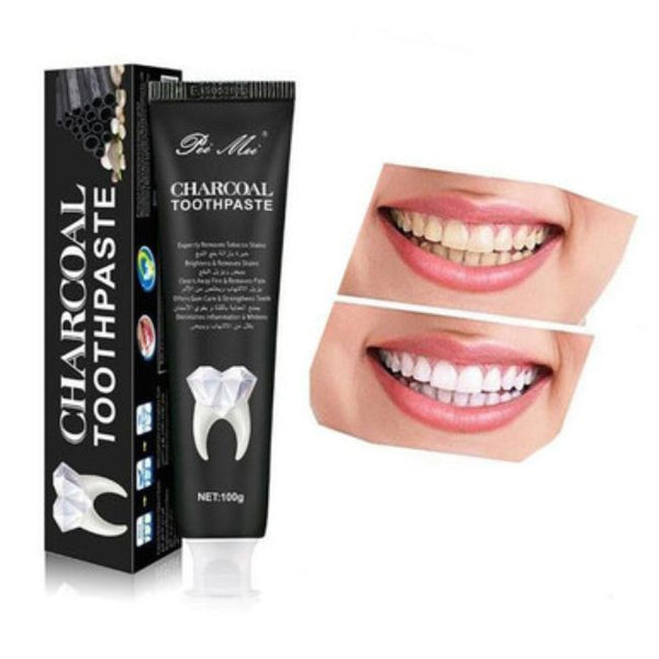 Teeth Whitening Charcoal Toothpaste Oral Care with tube and before-after smile images
