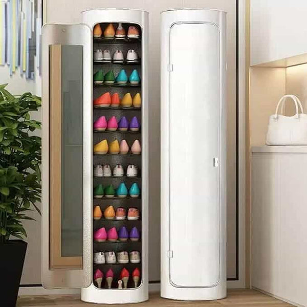 12 Layer 360 Degree Rotating Shoe Cabinet with Mirror displaying organized colorful shoe storage in a compact design.