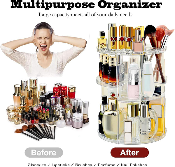Before and after image of 360 Rotating Cosmetic Organizer showcasing cosmetics and beauty products.