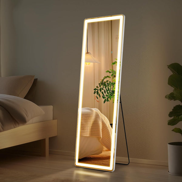 Full Length LED Backlit Wall Mounted Mirror with ambient lighting in a modern bedroom.