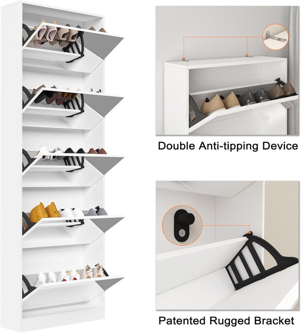 Freestanding Organised Storage Cabinet showcasing shoe storage, double anti-tipping device, and patented rugged bracket.