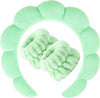 Spa Headband and Wristband Set in soft green color for skincare and grooming routines.