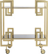 Brass and Black Glass Eliza Bar Cart featuring a modern art deco design with two tiers and rolling wheels.