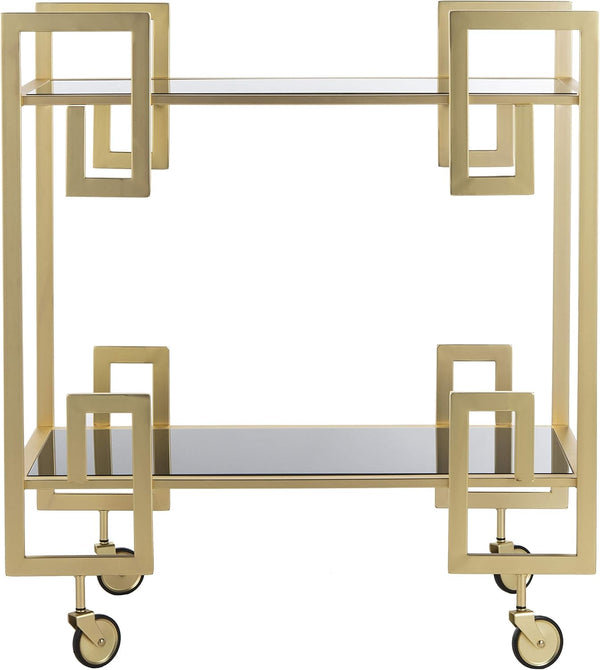 Brass and Black Glass Eliza Bar Cart featuring a modern art deco design with two tiers and rolling wheels.