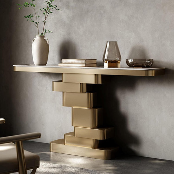 Contemporary Extra Long Faux Marble Console Table with gold accents and decorative items on a stylish surface.