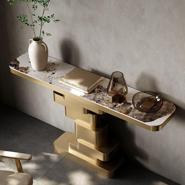 Contemporary Extra Long Faux Marble Console Table with decorative items and elegant design in a modern interior setting.