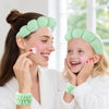 Spa Headband and Wristband Set for skincare, featuring a mother and daughter applying face cream with matching accessories.