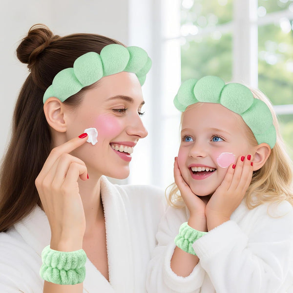 Spa Headband and Wristband Set for skincare, featuring a mother and daughter applying face cream with matching accessories.