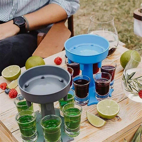 6 Shot Dispenser with multiple shot glasses and drinks on a table for easy serving at parties.