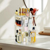 360 Rotating Cosmetic Organizer displaying various beauty products and makeup brushes on a stylish vanity.