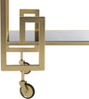 Brass and Black Glass Eliza Bar Cart close-up of modern gold frame and wheels.