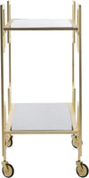 Brass and Black Glass Eliza Bar Cart with two-tier design and wheels, perfect for home entertainment.