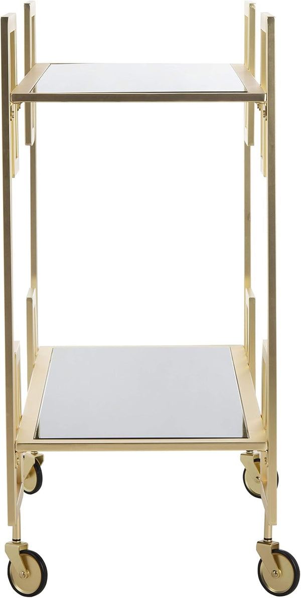Brass and Black Glass Eliza Bar Cart with two-tier design and wheels, perfect for home entertainment.