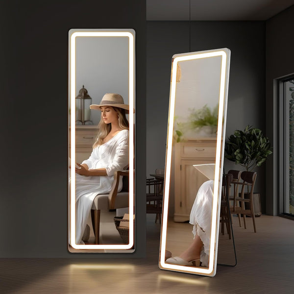 Full Length LED Backlit Wall Mounted Mirror illuminating a woman in a white dress in a modern interior setting.
