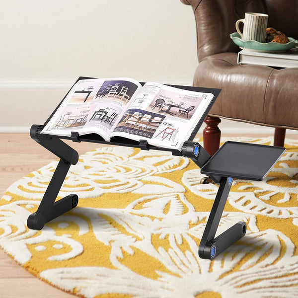 Adjustable Laptop Desk with an open book on it, showcasing ergonomic design for studying or working comfortably.