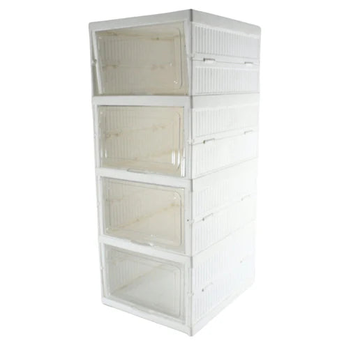 Clear Foldable Shoe Storage Rack 4 Tier; a white stackable shoe organizer with clear drawers for easy visibility.