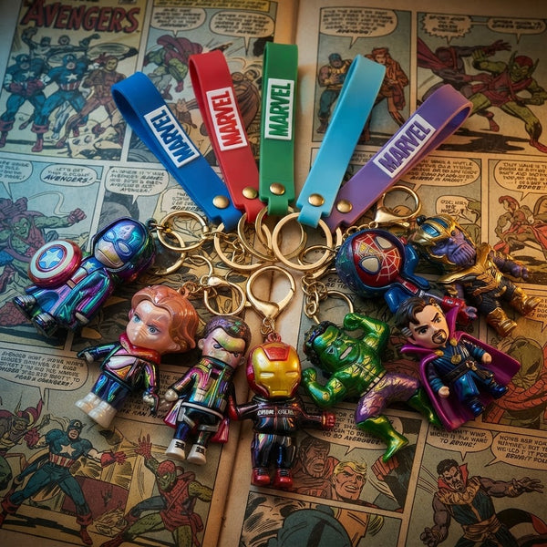 3D Superhero Character Keychain collection featuring colorful keychains and detailed superhero figures.