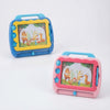 Magnetic Drawing Board with Carry Handle in blue and pink, featuring fun animal illustrations and shape stamps.